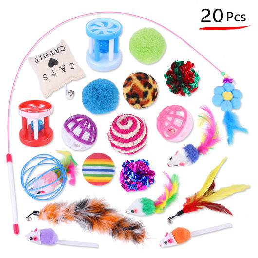 20-piece cat toy assortment with various colorful balls, feather wands, plush mice, and catnip pillow, shown with a playful tabby cat. - Image 10