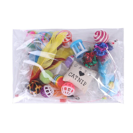 20-piece cat toy assortment with various colorful balls, feather wands, plush mice, and catnip pillow, shown with a playful tabby cat. - Image 2