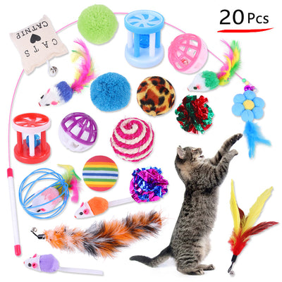 20-piece cat toy assortment with various colorful balls, feather wands, plush mice, and catnip pillow, shown with a playful tabby cat. - Image 4