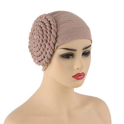 Conjunto de Gorras Islámicas con Trenzas Laterales y Diamantes - Tela de Seda de Leche Monocromática - Image 4