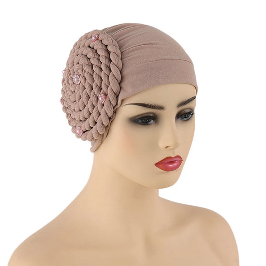 Conjunto de Gorras Islámicas con Trenzas Laterales y Diamantes - Tela de Seda de Leche Monocromática - Image 4