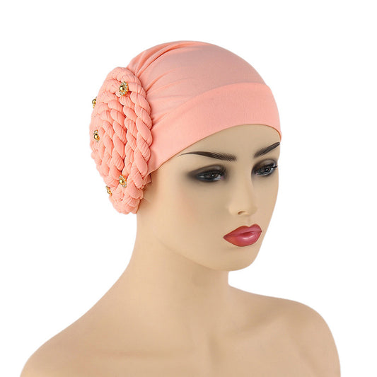 Conjunto de Gorras Islámicas con Trenzas Laterales y Diamantes - Tela de Seda de Leche Monocromática