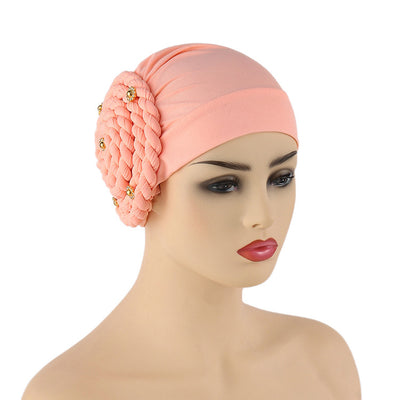 Conjunto de Gorras Islámicas con Trenzas Laterales y Diamantes - Tela de Seda de Leche Monocromática