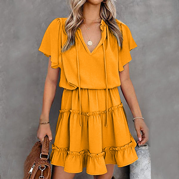 Vestido Corto Plisado en Color Liso