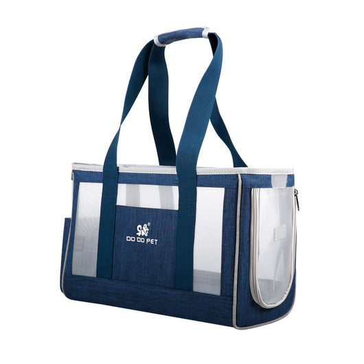 Navy blue portable pet carrier bag with mesh windows, top handles, and a side pocket for small dogs or cats. - Image 7