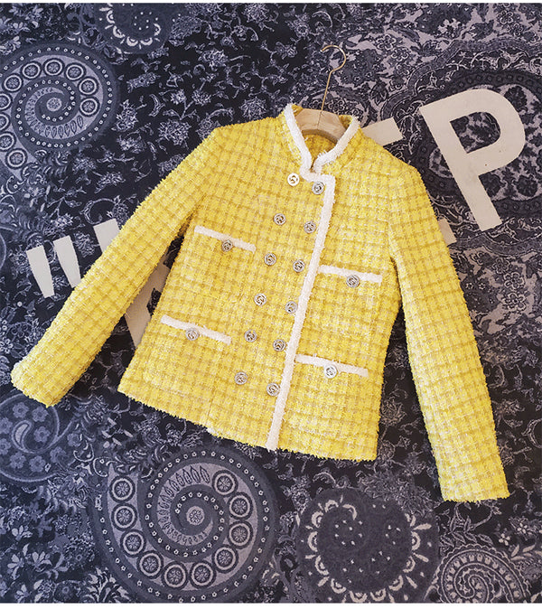 Abrigo Tweed Corto para Mujer Otoño Invierno con Cuello de Pie y Doble Botonadura
