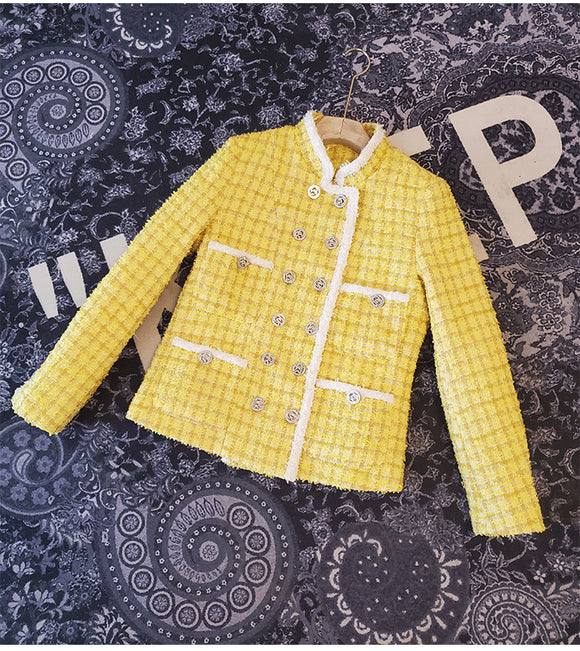 Abrigo Tweed Corto para Mujer Otoño Invierno con Cuello de Pie y Doble Botonadura
