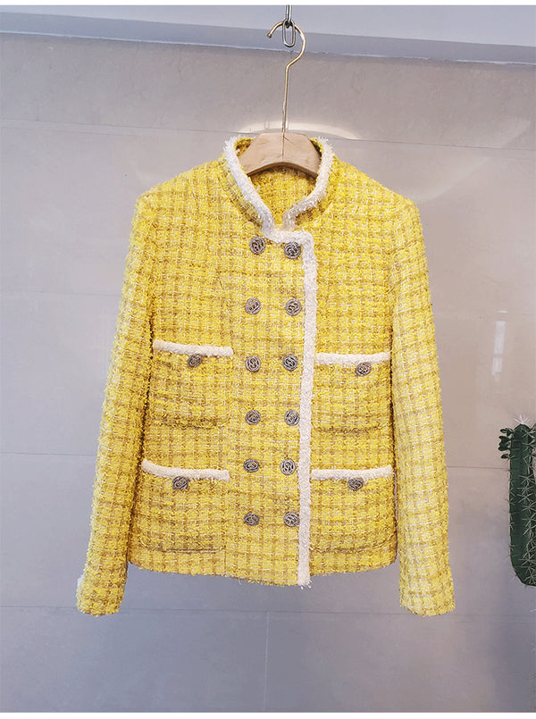 Abrigo Tweed Corto para Mujer Otoño Invierno con Cuello de Pie y Doble Botonadura