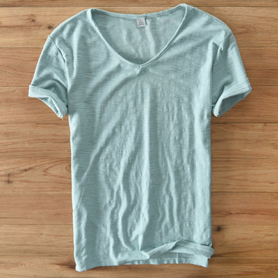 Camiseta Hombre Algodón Lino Manga Corta Cuello V Transpirable Blanca - Image 13