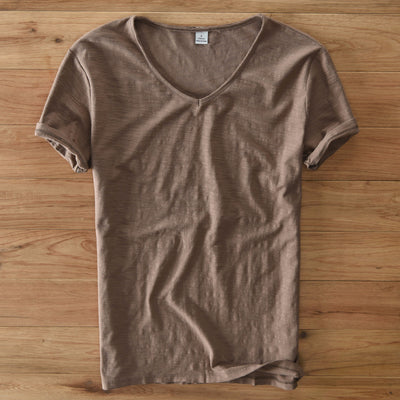 Camiseta Hombre Algodón Lino Manga Corta Cuello V Transpirable Blanca - Image 15