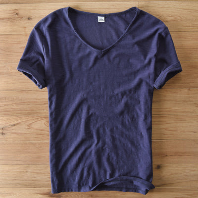 Camiseta Hombre Algodón Lino Manga Corta Cuello V Transpirable Blanca - Image 16