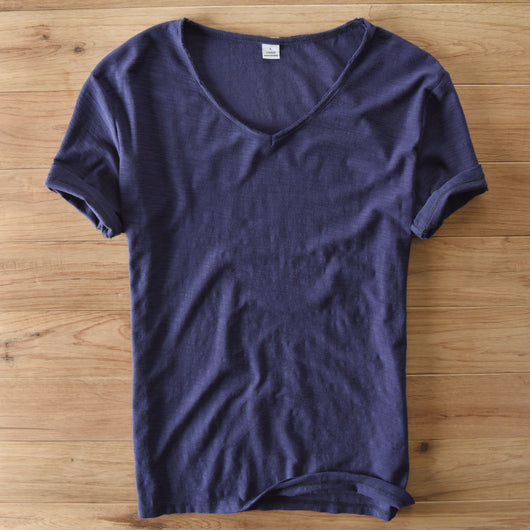 Camiseta Hombre Algodón Lino Manga Corta Cuello V Transpirable Blanca - Image 16