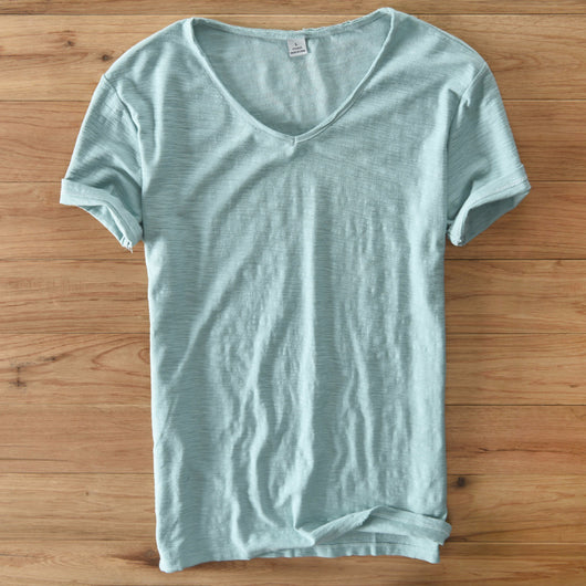 Camiseta Hombre Algodón Lino Manga Corta Cuello V Transpirable Blanca - Image 4