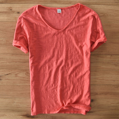 Camiseta Hombre Algodón Lino Manga Corta Cuello V Transpirable Blanca - Image 6