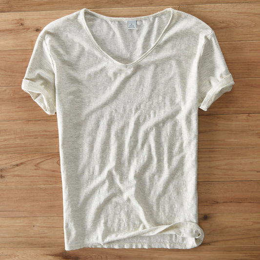 Camiseta Hombre Algodón Lino Manga Corta Cuello V Transpirable Blanca - Image 2