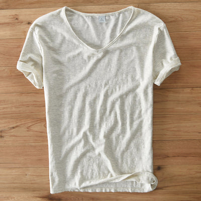 Camiseta Hombre Algodón Lino Manga Corta Cuello V Transpirable Blanca - Image 2