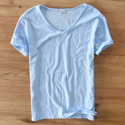 Camiseta Hombre Algodón Lino Manga Corta Cuello V Transpirable Blanca - Image 5