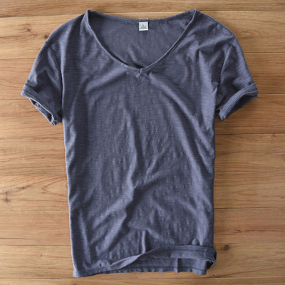 Camiseta Hombre Algodón Lino Manga Corta Cuello V Transpirable Blanca - Image 7
