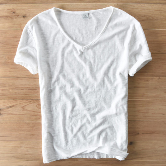 Camiseta Hombre Algodón Lino Manga Corta Cuello V Transpirable Blanca