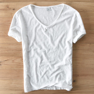 Camiseta Hombre Algodón Lino Manga Corta Cuello V Transpirable Blanca