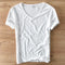 Camiseta Hombre Algodón Lino Manga Corta Cuello V Transpirable Blanca