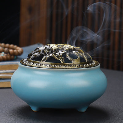 Quemador de Incienso Buda de Cerámica con Tapa de Cobre Antigua - Image 12