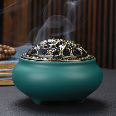 Quemador de Incienso Buda de Cerámica con Tapa de Cobre Antigua - Image 13