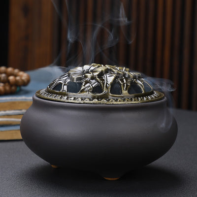 Quemador de Incienso Buda de Cerámica con Tapa de Cobre Antigua - Image 16