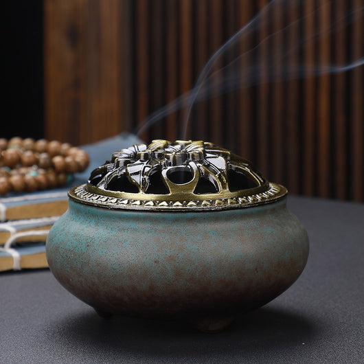 Quemador de Incienso Buda de Cerámica con Tapa de Cobre Antigua - Image 20