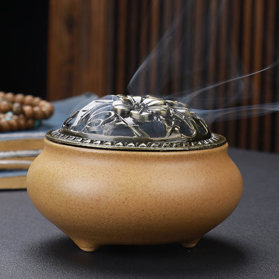 Quemador de Incienso Buda de Cerámica con Tapa de Cobre Antigua - Image 2