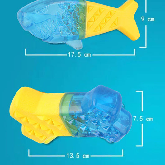 Set of three blue and yellow TPR pet chew toys: a shark, a bone, and a ball, designed to be frozen. - Image 6