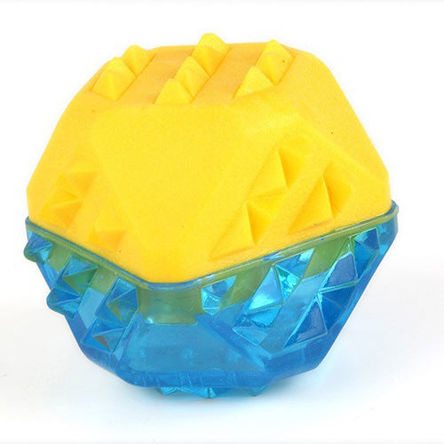 Set of three blue and yellow TPR pet chew toys: a shark, a bone, and a ball, designed to be frozen. - Image 2