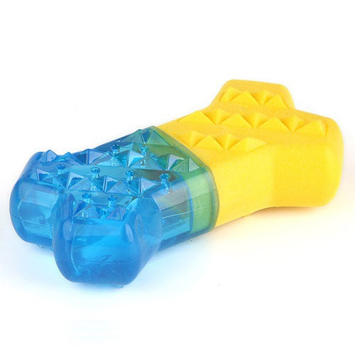 Set of three blue and yellow TPR pet chew toys: a shark, a bone, and a ball, designed to be frozen. - Image 3