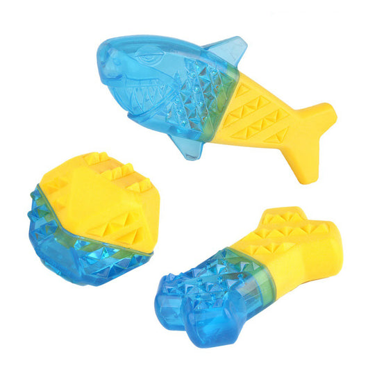 Set of three blue and yellow TPR pet chew toys: a shark, a bone, and a ball, designed to be frozen.