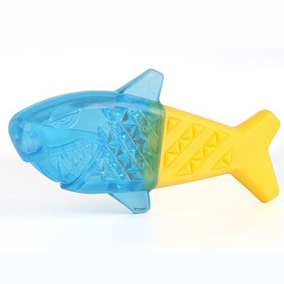 Set of three blue and yellow TPR pet chew toys: a shark, a bone, and a ball, designed to be frozen. - Image 4