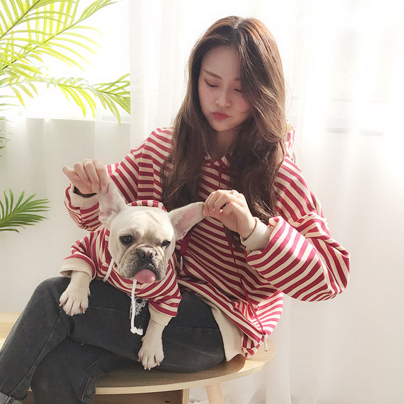 Playera Térmica Familiar a Rayas con Capucha para Mascotas - Otoño e Invierno
