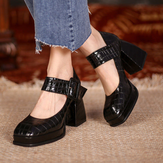 Zapatos de Tacón Cuadrado Retro con Plataforma Impermeable y Hebilla - Image 10