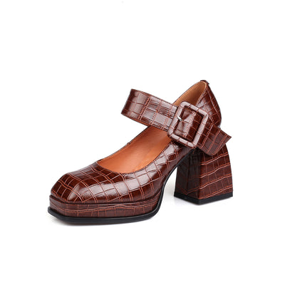 Zapatos de Tacón Cuadrado Retro con Plataforma Impermeable y Hebilla - Image 11