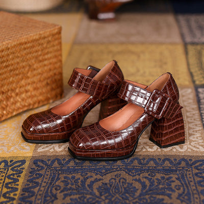 Zapatos de Tacón Cuadrado Retro con Plataforma Impermeable y Hebilla - Image 9