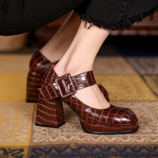 Zapatos de Tacón Cuadrado Retro con Plataforma Impermeable y Hebilla
