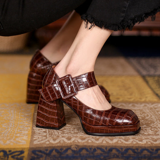 Zapatos de Tacón Cuadrado Retro con Plataforma Impermeable y Hebilla