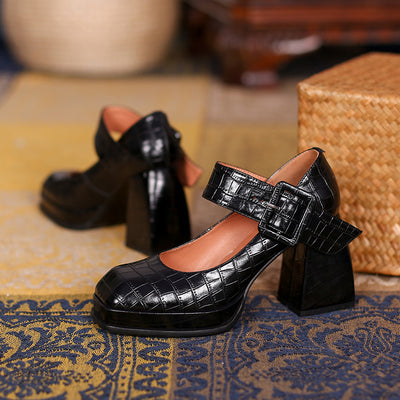 Zapatos de Tacón Cuadrado Retro con Plataforma Impermeable y Hebilla - Image 4