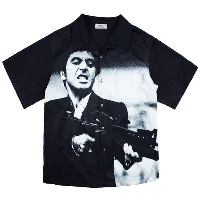 Camisa Estampada Negra Manga Corta con Cuello Cubano - Image 7