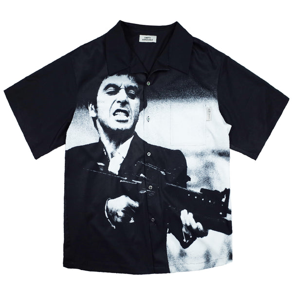 Camisa Estampada Negra Manga Corta con Cuello Cubano - Image 3