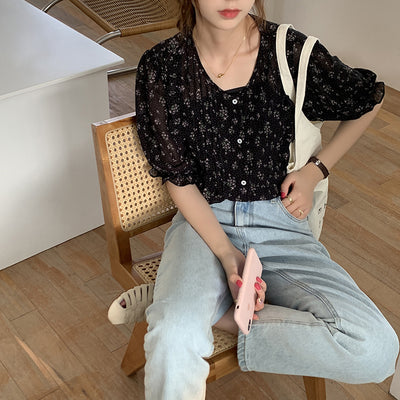 Blusa Chifón Floral Manga Corta Estilo Coreano Dulce y Elegante para Mujer Verano - Image 9