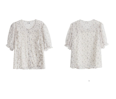 Blusa Chifón Floral Manga Corta Estilo Coreano Dulce y Elegante para Mujer Verano - Image 14