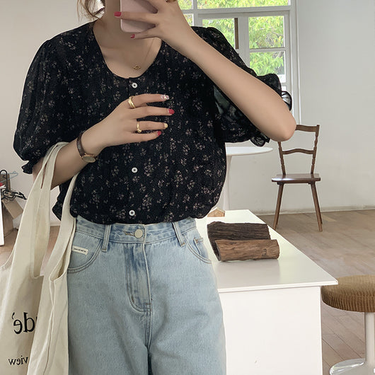 Blusa Chifón Floral Manga Corta Estilo Coreano Dulce y Elegante para Mujer Verano - Image 18