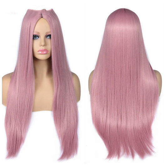 Peluca Larga Lisa Rosa con Flequillo Divisor - Fibra Sintética Premium - Image 6