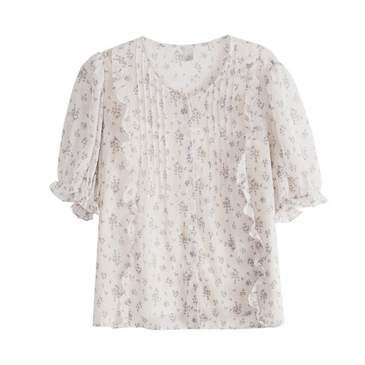 Blusa Chifón Floral Manga Corta Estilo Coreano Dulce y Elegante para Mujer Verano