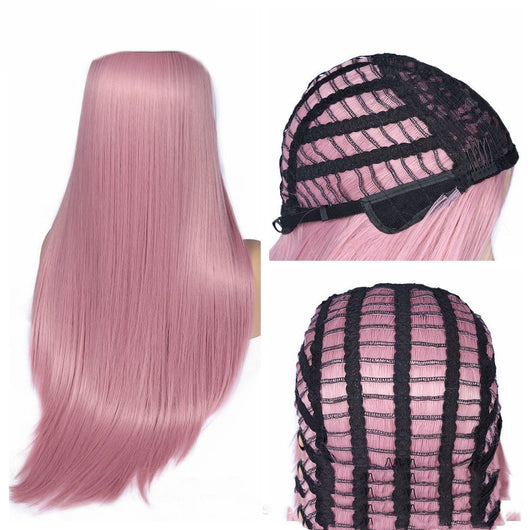 Peluca Larga Lisa Rosa con Flequillo Divisor - Fibra Sintética Premium - Image 5
